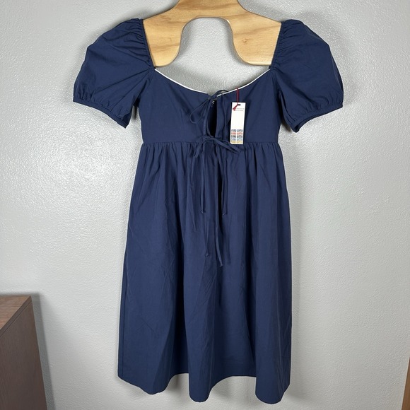 NEW Ciao Lucia Alessia Dress Washed Cotton Navy Blue Sz Medium Midi Puff Sleeve